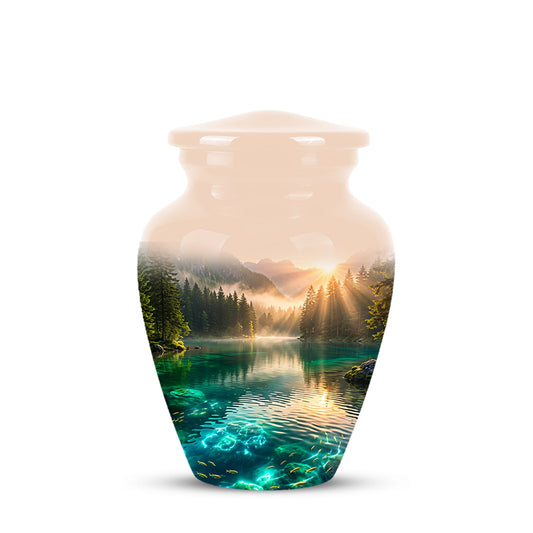 Serene Mountain Lake Cremation Urn- Custom Memorial Art Urns For Ashes