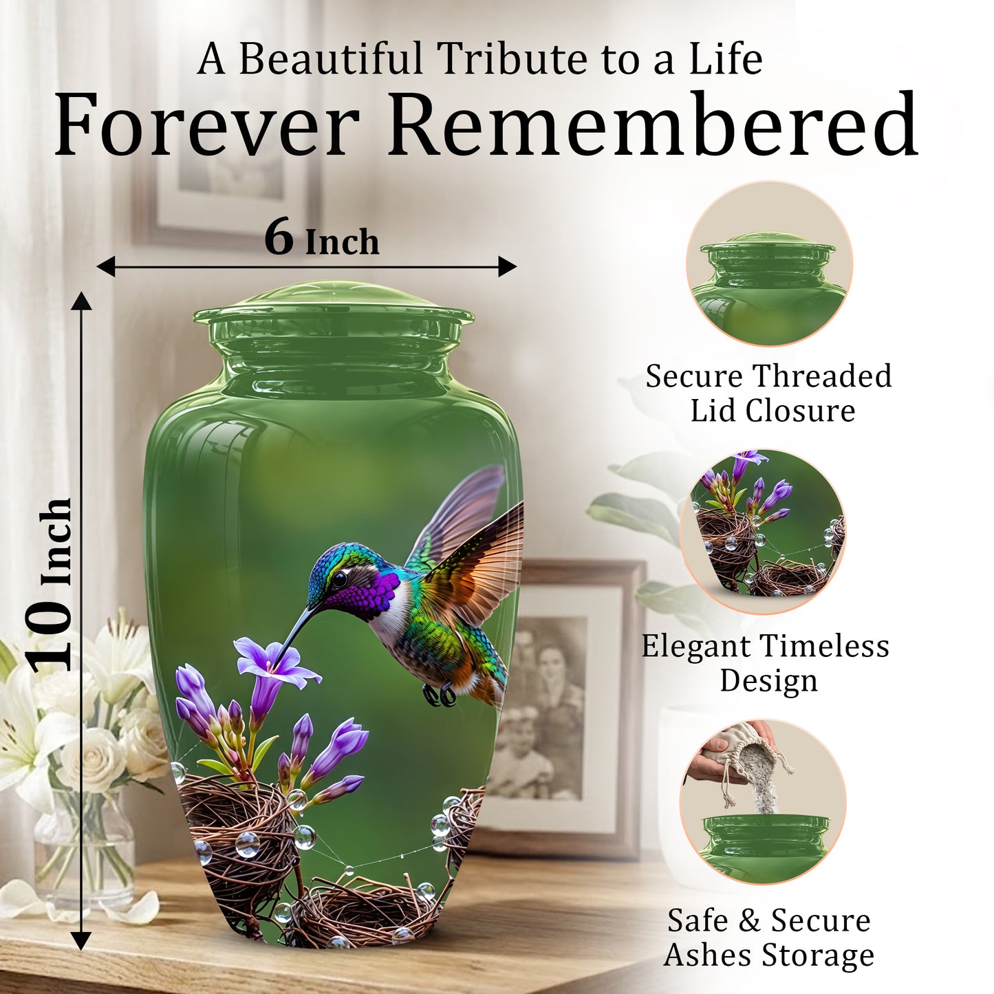 Colorful Hummingbird Memorial Urn - Green Burial Urns For Women Ashes