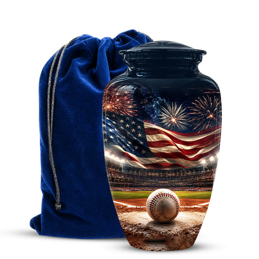 Cremation urn with American flag and baseball field design, accompanied by a blue drawstring bag.