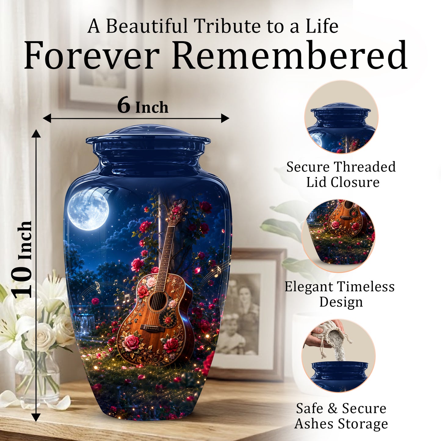 Starry Guitar Memorial Urn - Artistic Funeral Urns For Musicians Ashes