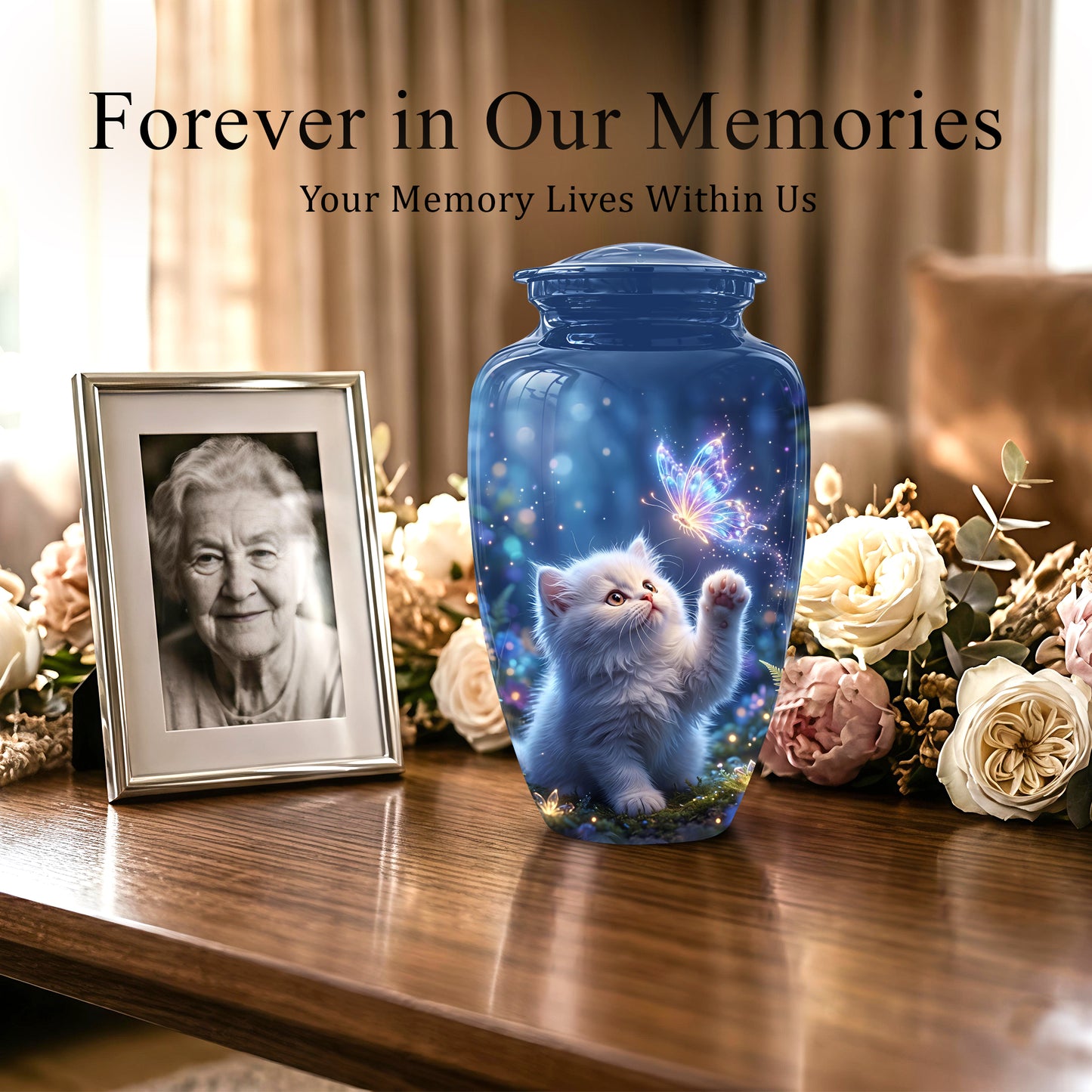 White Cat With Majestic Butterfly - Blue Cremation Urns For Human Ashes