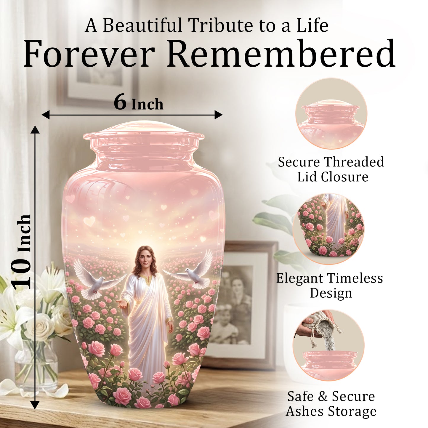 Jesus Christ And Roses Cremation Urn - Dove Memorial Urn For Ashes