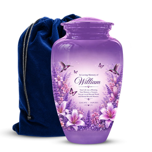Lavender Hummingbird Urn – Purple Floral Urn for Human Ashes