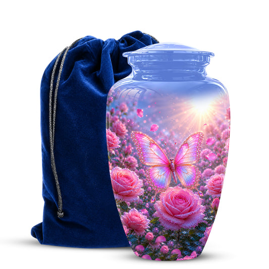 Pink Butterfly On Flower Funeral Urn - Handcrafted Urns For Mom Ashes