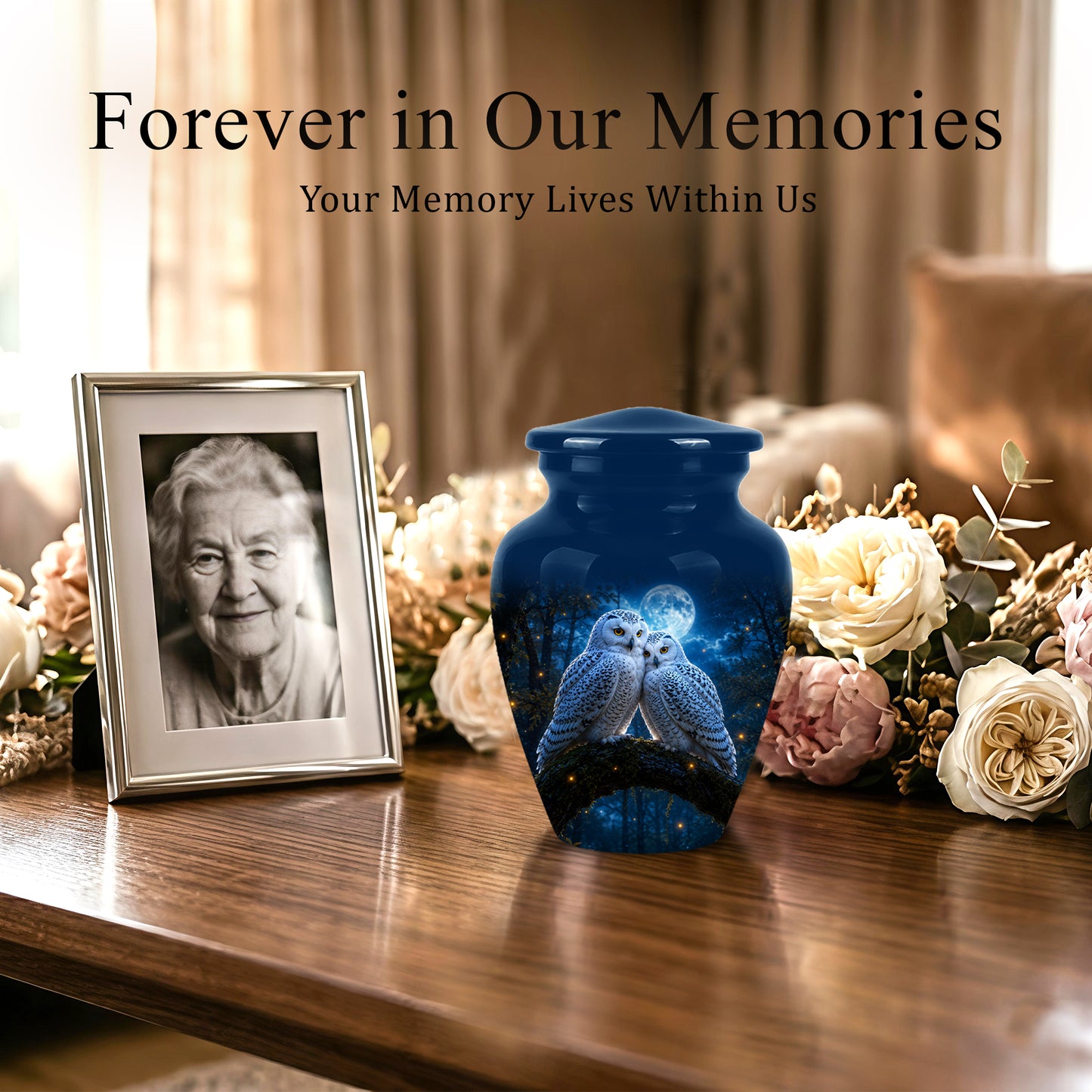 Snowy Owls Cremation Urn - Moonlight Owl Funeral Urns For Human Ashes