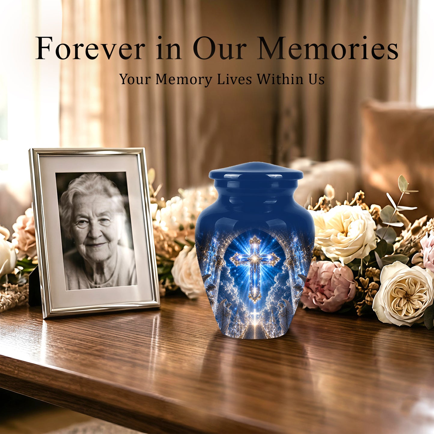 Heavenly Cross Cremation Urn – Blue Memorial Urn For Human Ashes