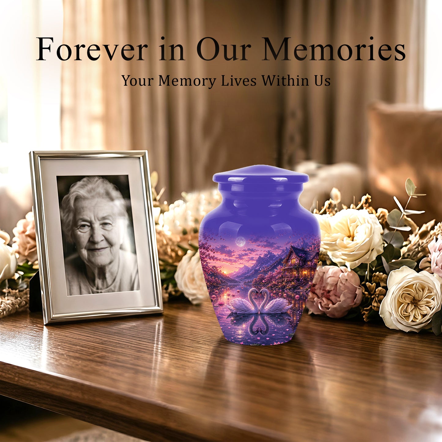 Couple Swan Cremation Urn - Purple Memorial Urns For Loved Ones Ashes