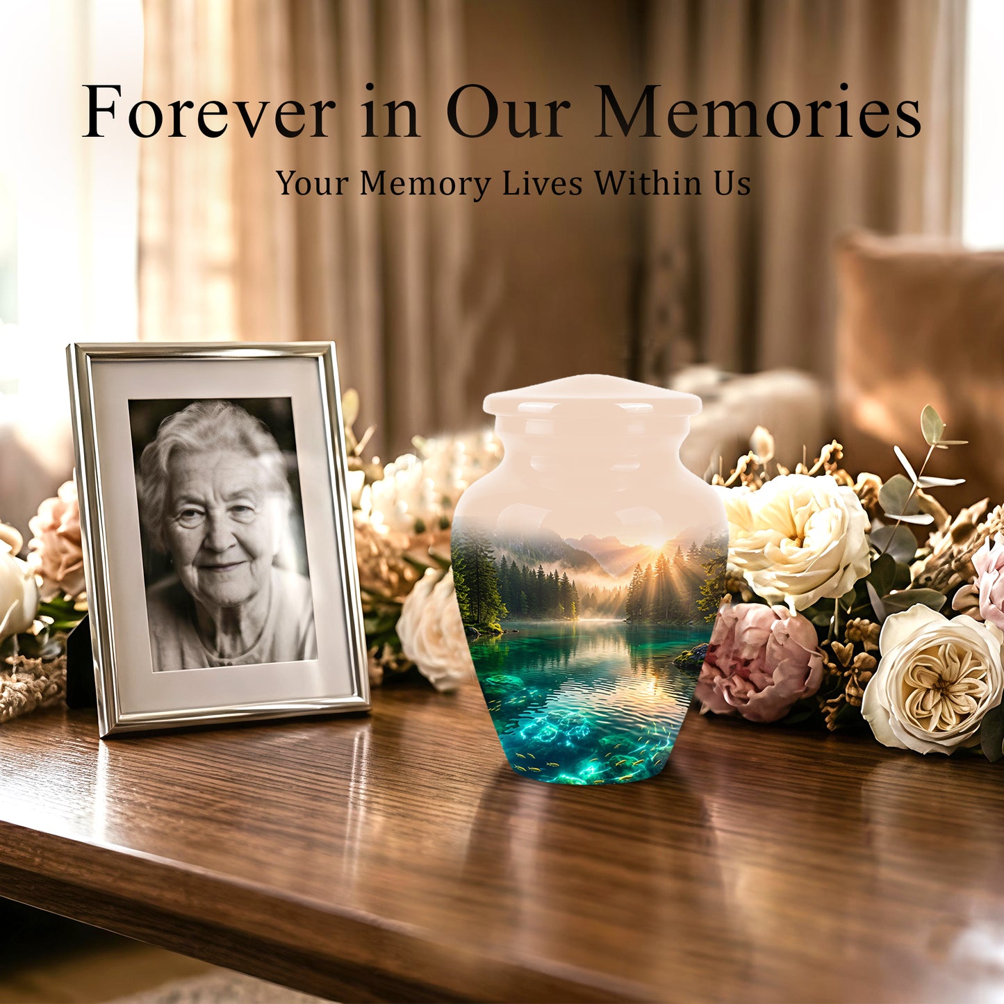 Serene Mountain Lake Cremation Urn- Custom Memorial Art Urns For Ashes