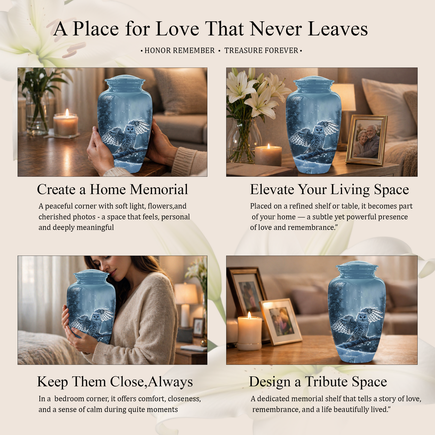 Snowy Owl Cremation Urn - Blue Funeral Urns For Human Ashes