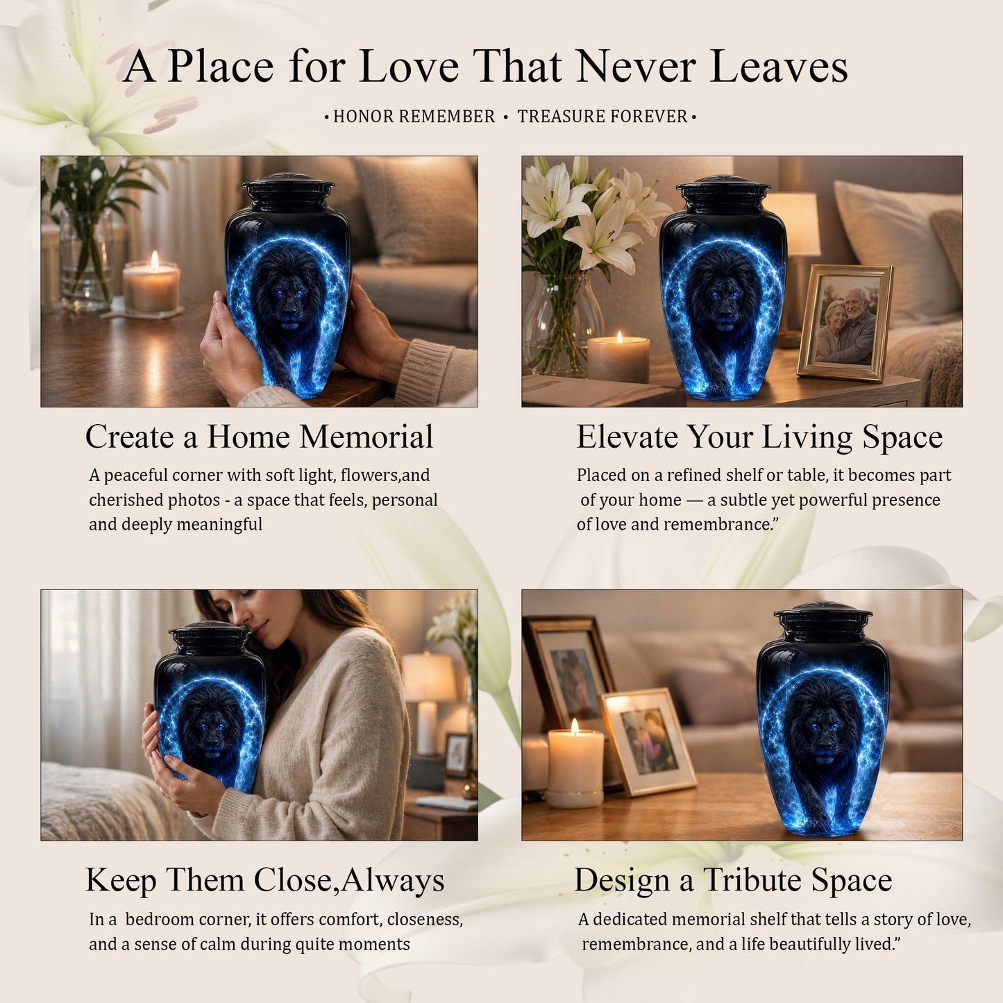 Black Lion Cremation Urns - Personalized Memorial Urns For Human Ashes