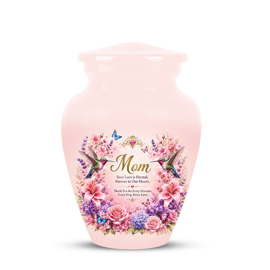 Hummingbird Floral Memorial Urn for Mother – Pink Aluminium Cremation Urn for Loved ones