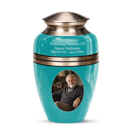 Turquoise Color Funeral Urn for Ashes 10 Inch Aluminum Cremation Urn