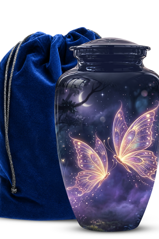 Cremation urn with butterfly design next to a blue velvet bag on a white background