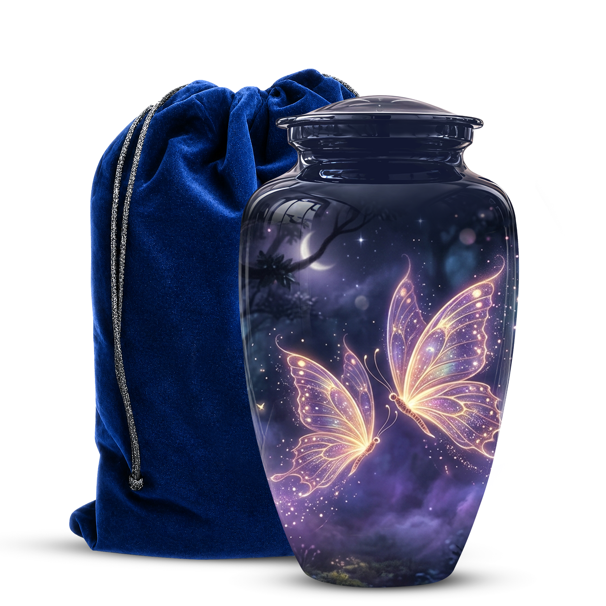 Cremation urn with butterfly design next to a blue velvet bag on a white background