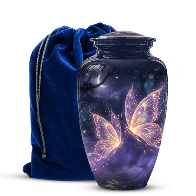 Cremation urn with butterfly design next to a blue velvet bag on a white background
