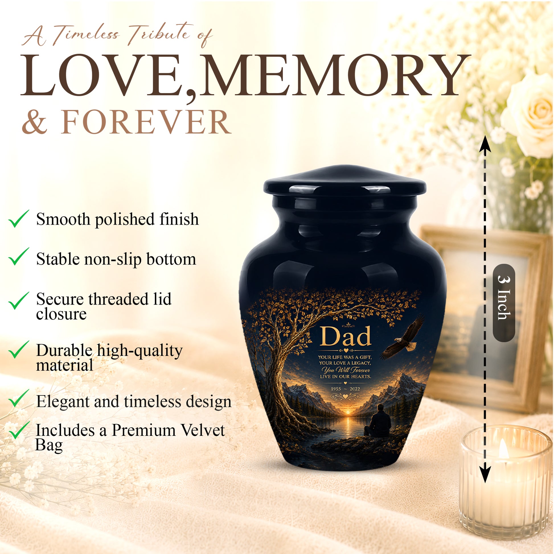 Mountain Memorial Urn for Dad – Black Funeral Urn for Human Ashes