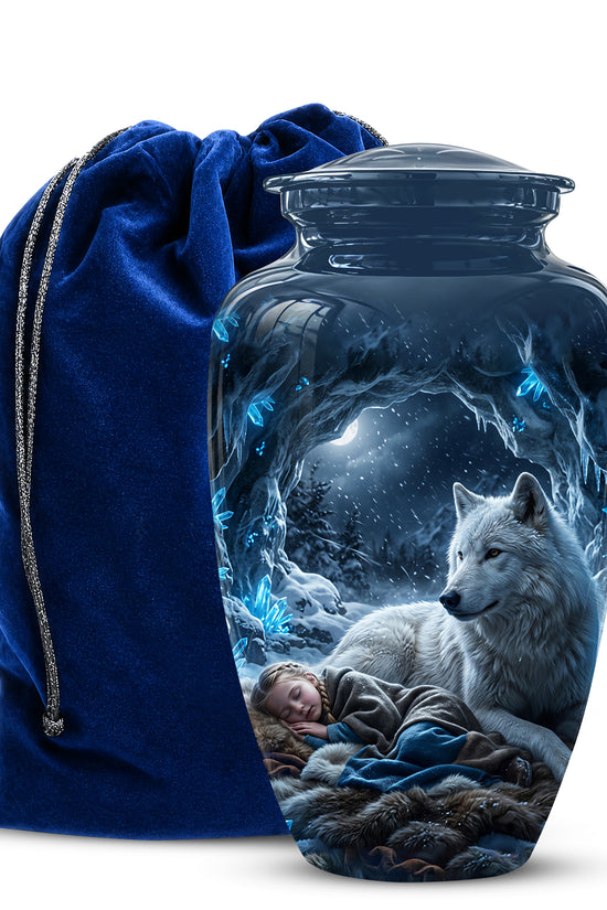 White Wolf With Girl Urn - Custom Memorial Urns For Men & Women Ashes