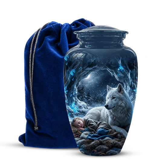 White Wolf With Girl Urn - Custom Memorial Urns For Men & Women Ashes