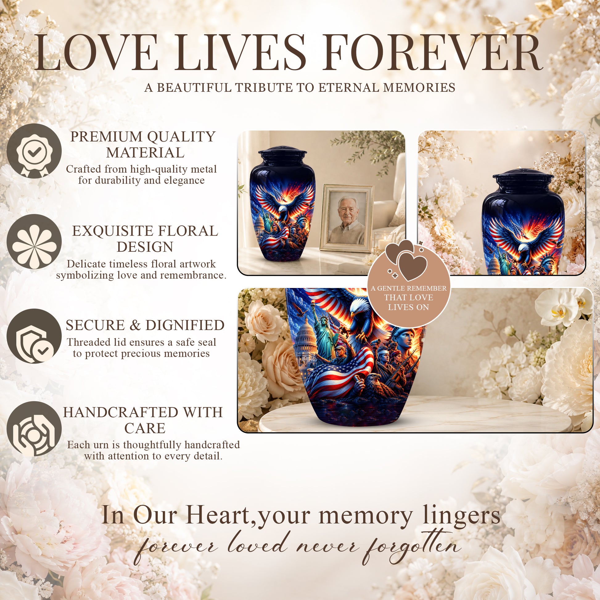 Custom Veteran Cremation Urn - American Flag & Eagle Urns For Ashes