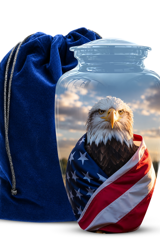 Bald Eagle Draped in American Flag - Patriotic Burial Urns For Human Ashes