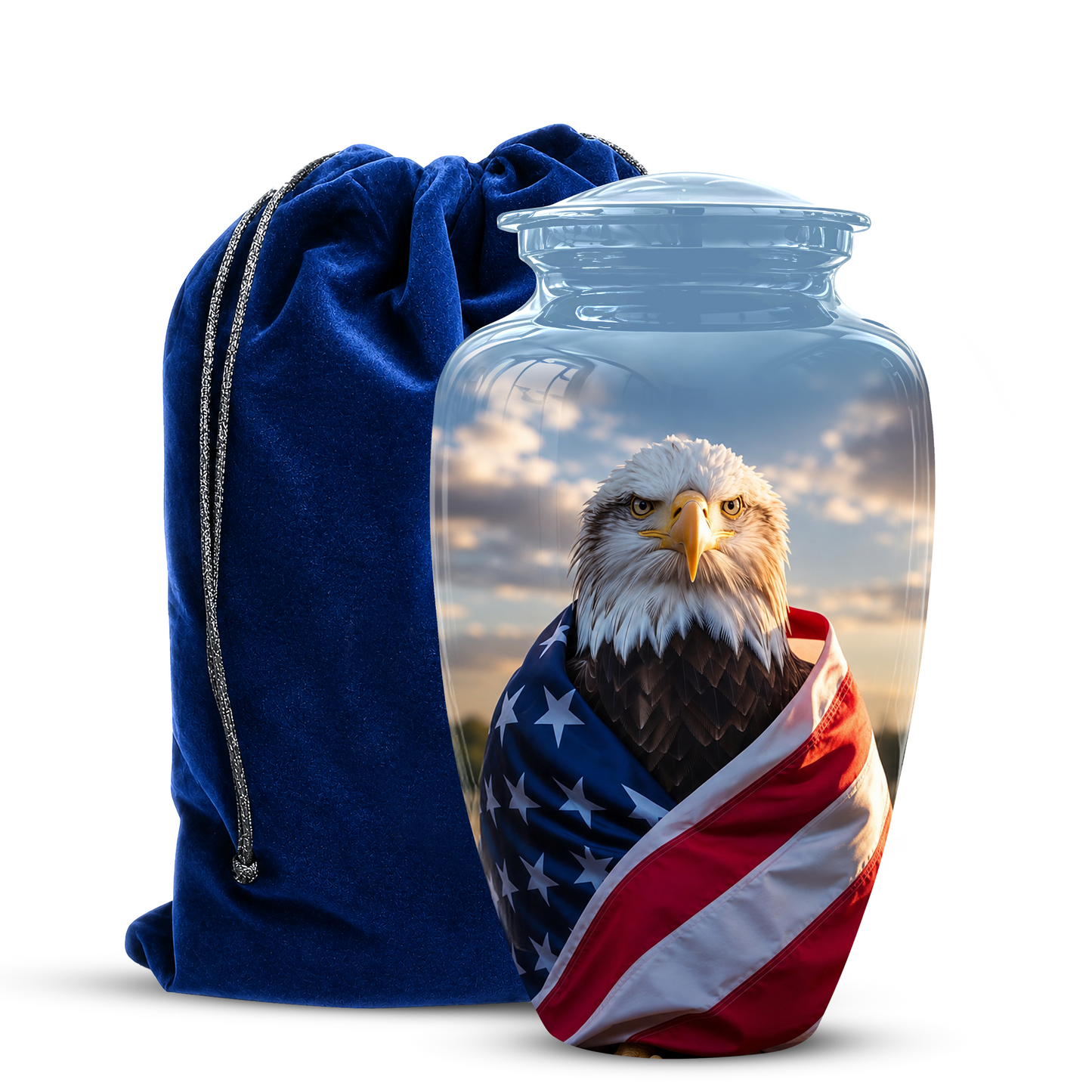 Bald Eagle Draped in American Flag - Patriotic Burial Urns For Human Ashes