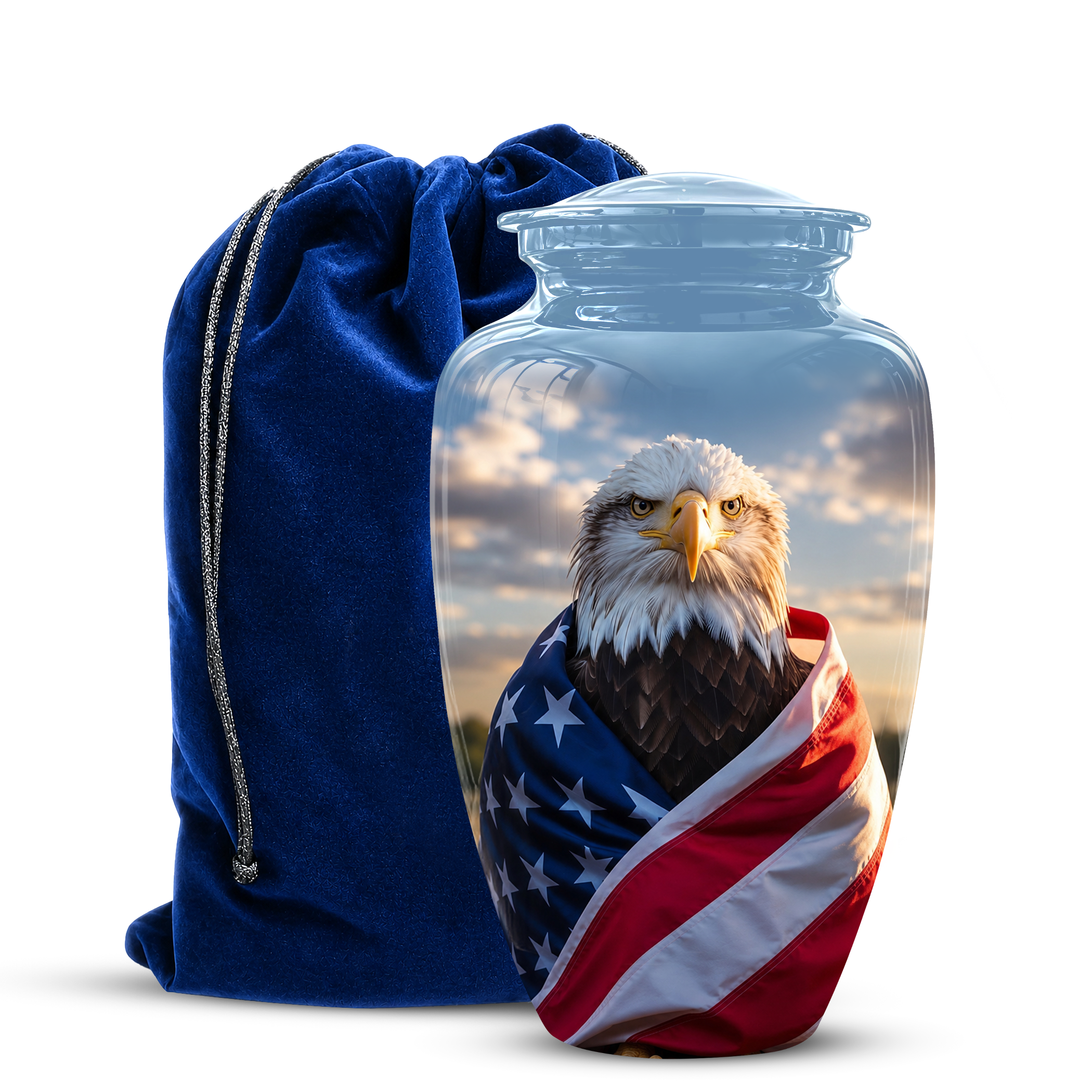 Bald Eagle Draped in American Flag - Patriotic Burial Urns For Human Ashes