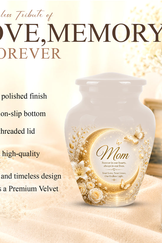 Floral Memorial Urn for Mom – White Aluminium Cremation Urn for Ashes