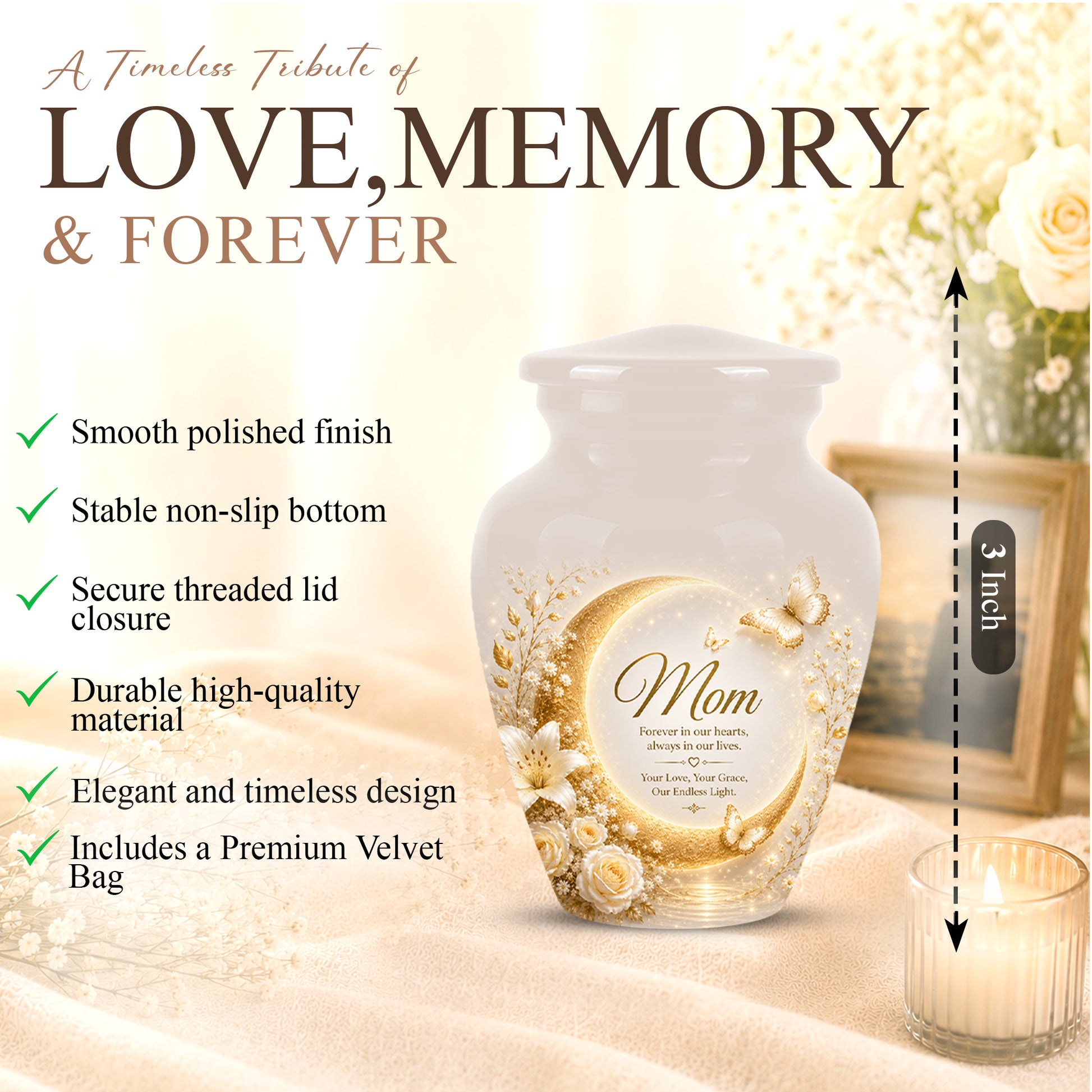 Floral Memorial Urn for Mom – White Aluminium Cremation Urn for Ashes