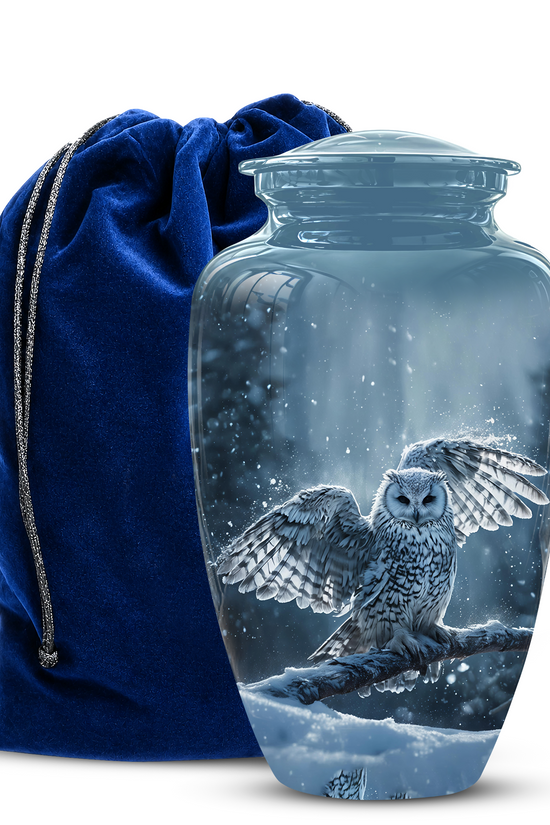 Snowy Owl Cremation Urn - Blue Funeral Urns For Human Ashes