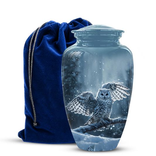 Snowy Owl Cremation Urn - Blue Funeral Urns For Human Ashes