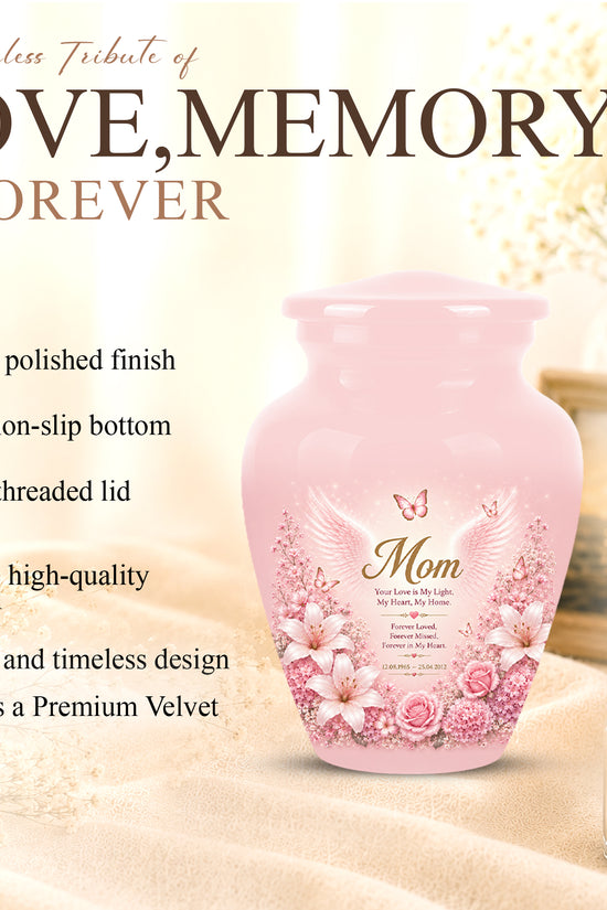 Angel Wings Funeral Urn for Mom – Pink Aluminium Burial Urn for Human Ashes