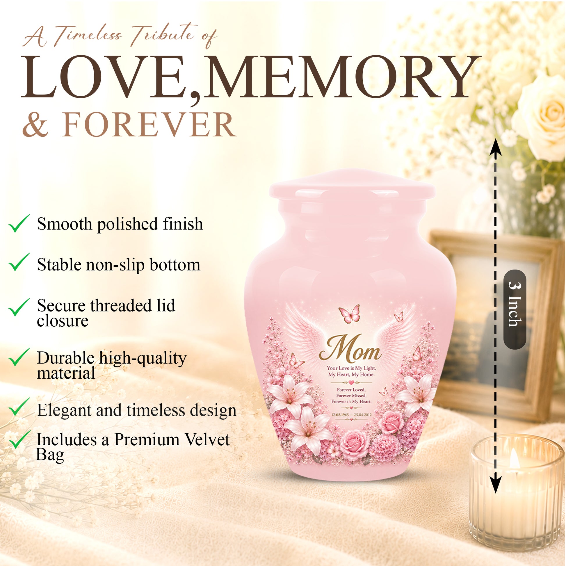 Angel Wings Funeral Urn for Mom – Pink Aluminium Burial Urn for Human Ashes