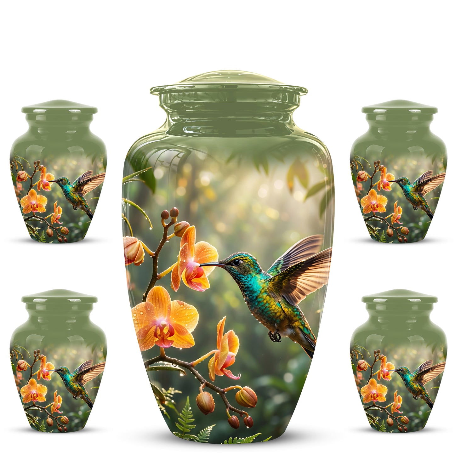 Colorful Hummingbird Urn - Green Cremation Urn For Nature Lovers Ashes