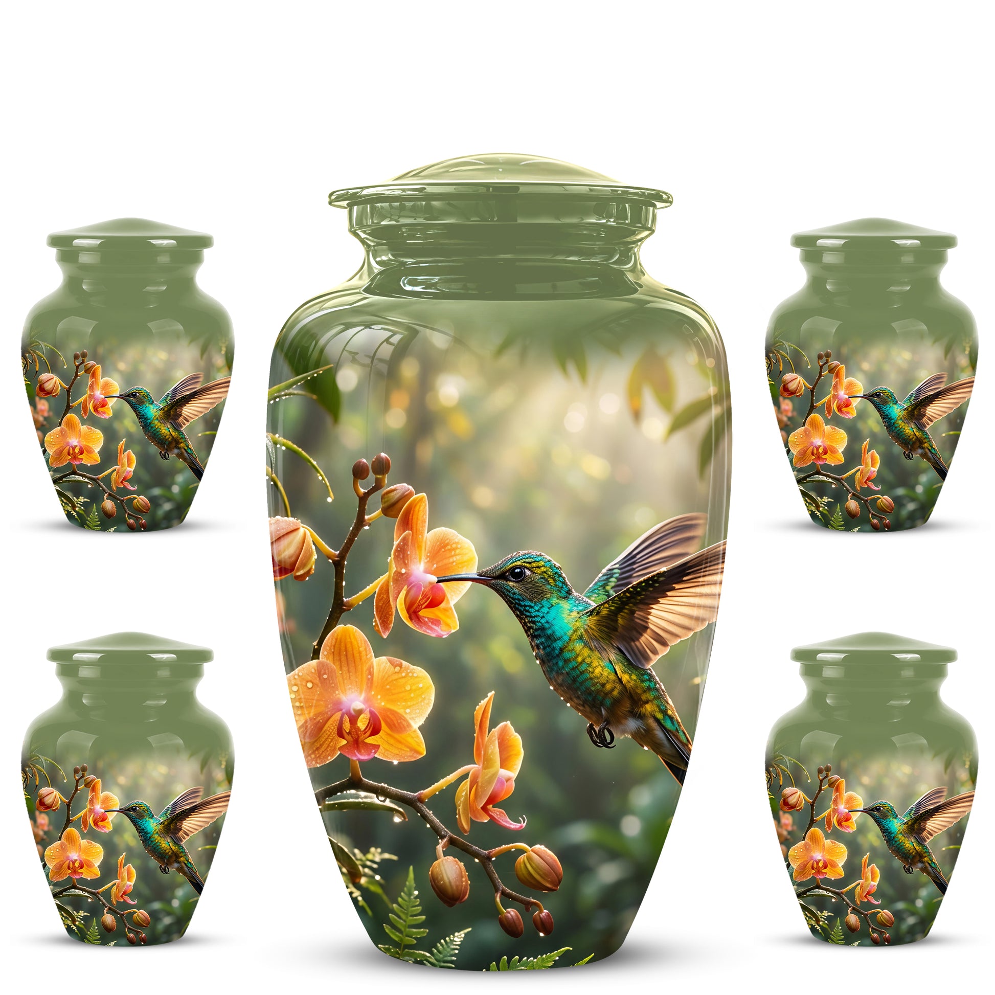 Colorful Hummingbird Urn - Green Cremation Urn For Nature Lovers Ashes