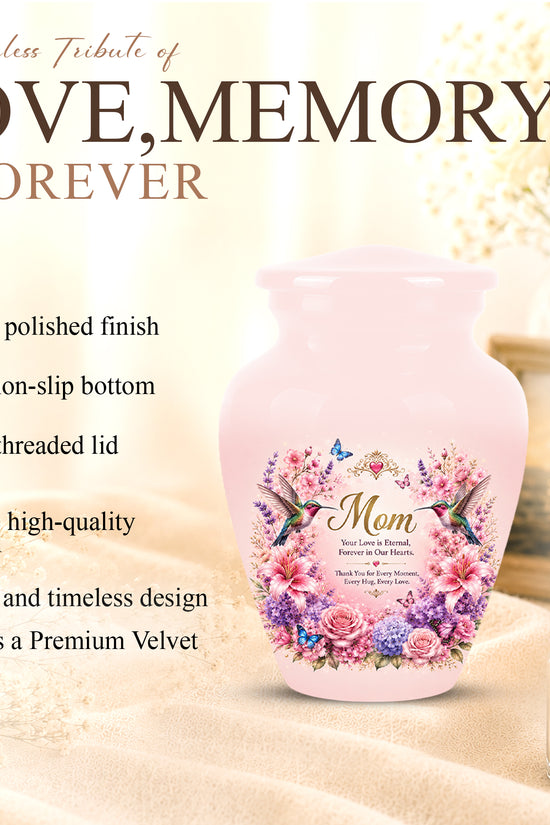 Hummingbird Floral Memorial Urn for Mother – Pink Aluminium Cremation Urn for Loved ones