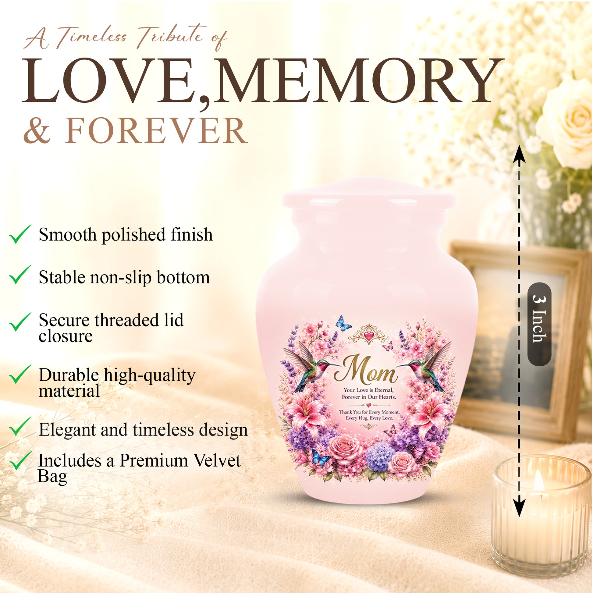 Hummingbird Floral Memorial Urn for Mother – Pink Aluminium Cremation Urn for Loved ones