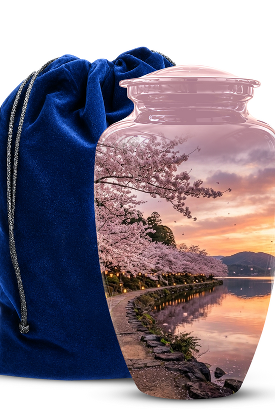 Pink Spring Tree Cremation Urns - Beautiful Nature Sunset Burial Urns