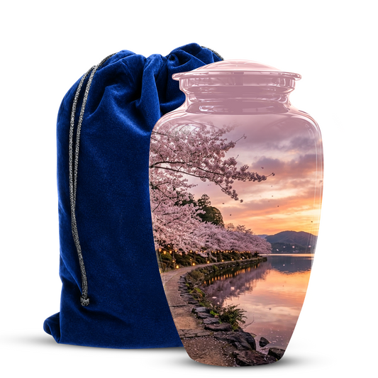 Pink Spring Tree Cremation Urns - Beautiful Nature Sunset Burial Urns