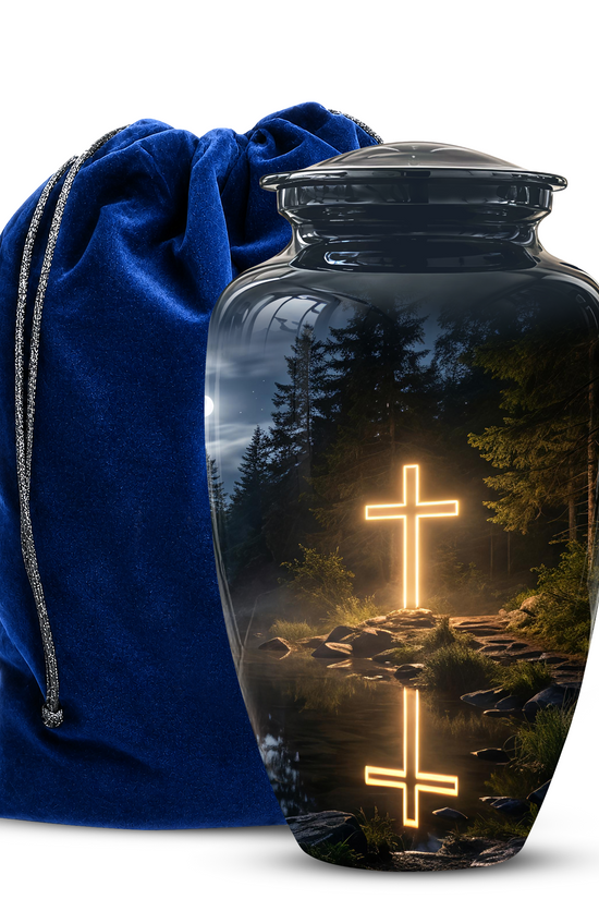 Glowing Cross In Forest - A Peaceful Tribute For Spiritual Human Ashes