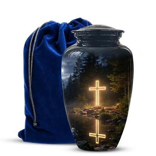Glowing Cross In Forest - A Peaceful Tribute For Spiritual Human Ashes