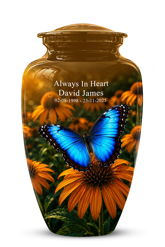 Blue Butterfly On Flower Cremation Urn - Personalized Urns For Mom Ashes