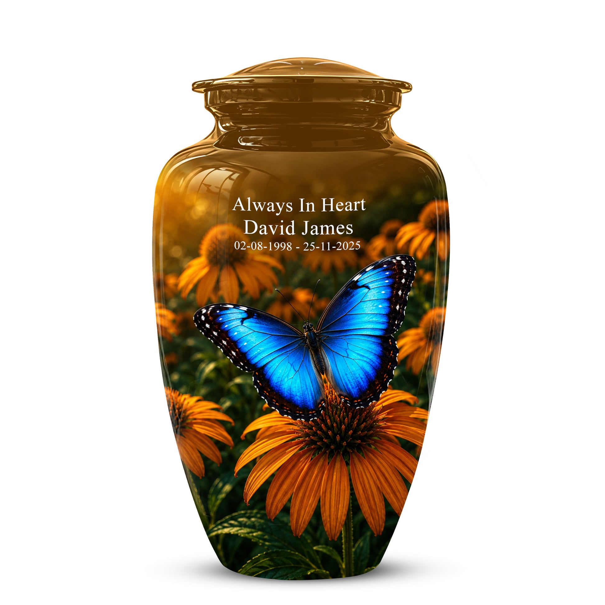 Blue Butterfly On Flower Cremation Urn - Personalized Urns For Mom Ashes