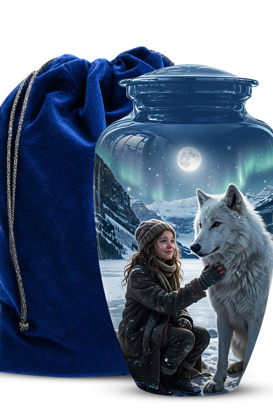 Snowy Moonlit White Wolf Urn for Ashes | Custom Memorial Urn