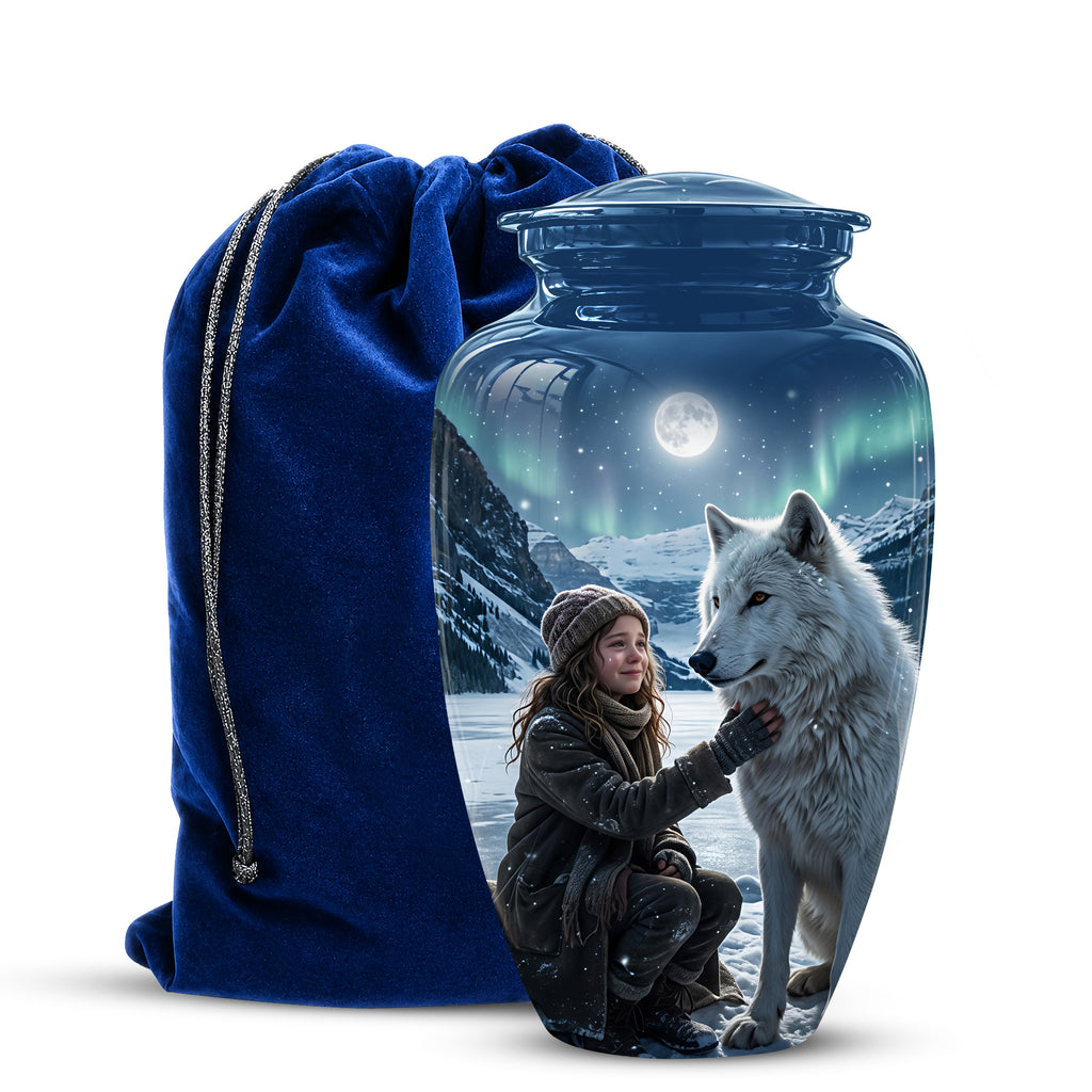 Snowy Moonlit White Wolf Urn for Ashes | Custom Memorial Urn