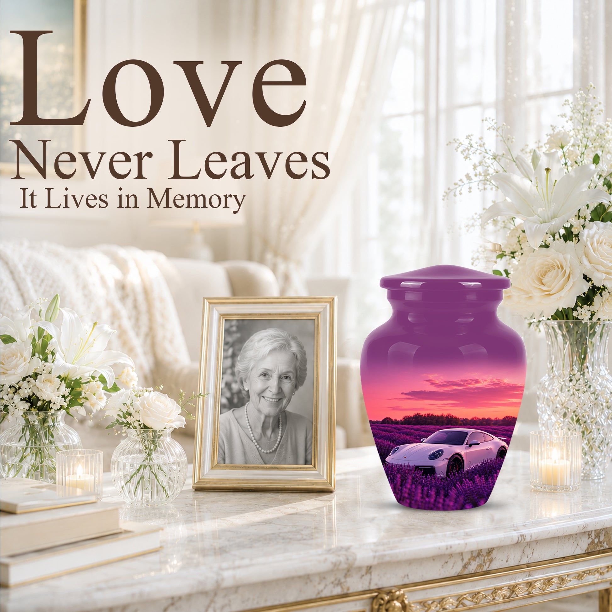 White Car Funeral Urn - Sunset Memorial Urns For Women Car Enthusiasts