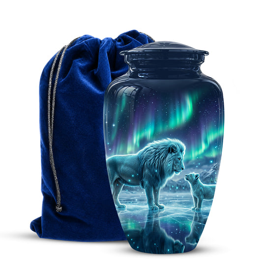 Lion & Cub Aurora Borealis Urn - Personalized Lion Urns For Human Ashes