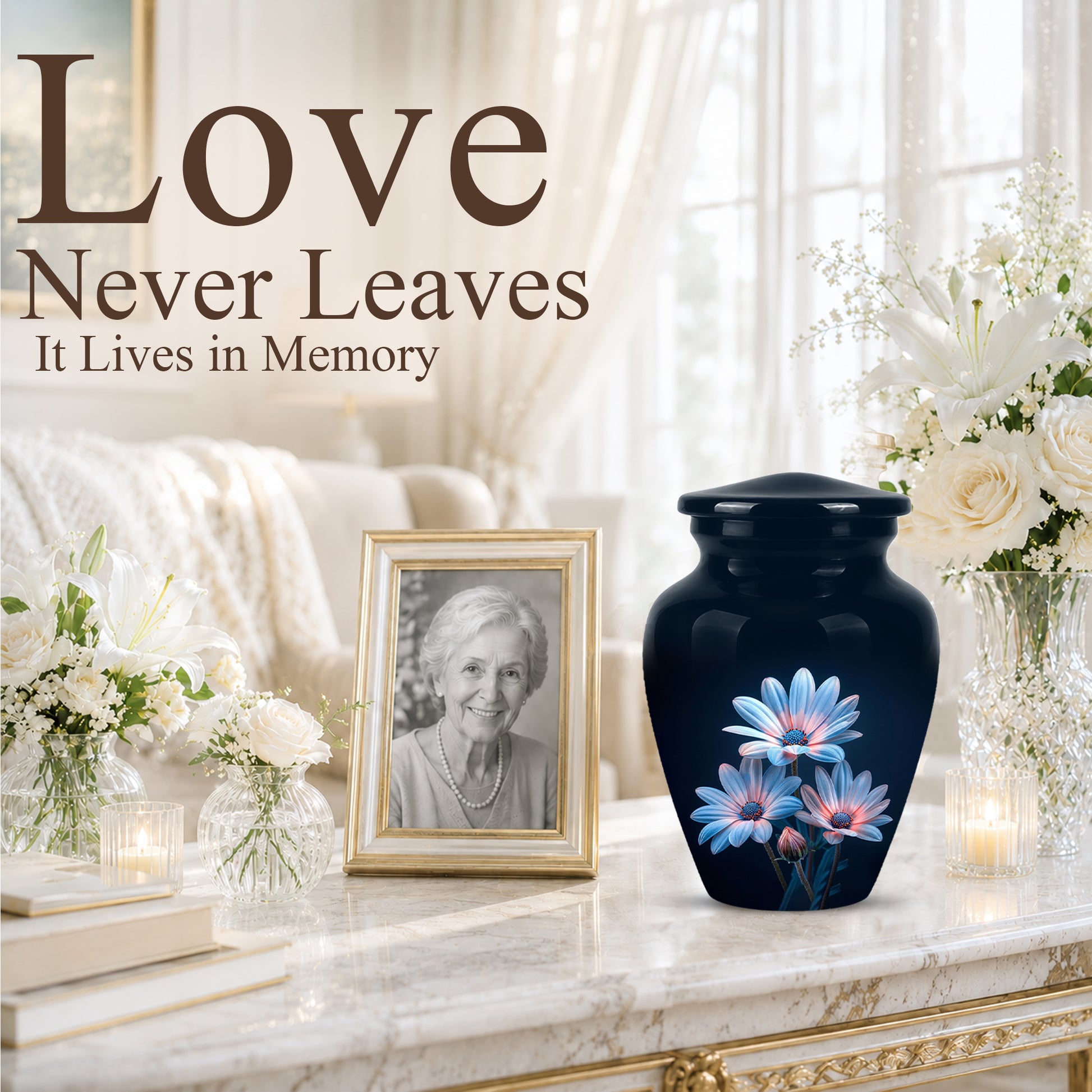 Blue Flower Memorial  Urn - Beautifully Crafted Urns To Tribute Ashes