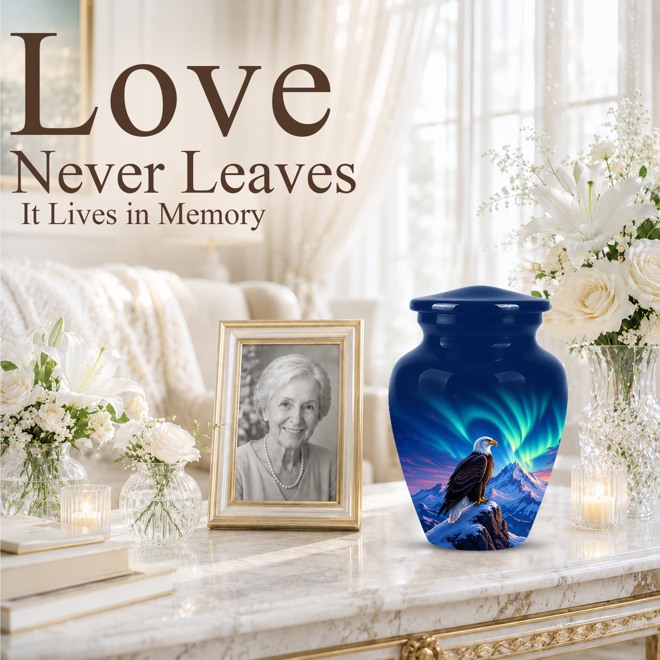 Personalized Bald Eagle Cremation Urn - Northern Lights Memorial Urns For Ashes