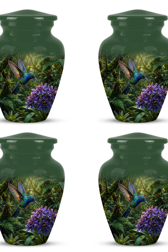 Flying Hummingbird Themed Urn - Beautiful Purple Flower Cremation Urns
