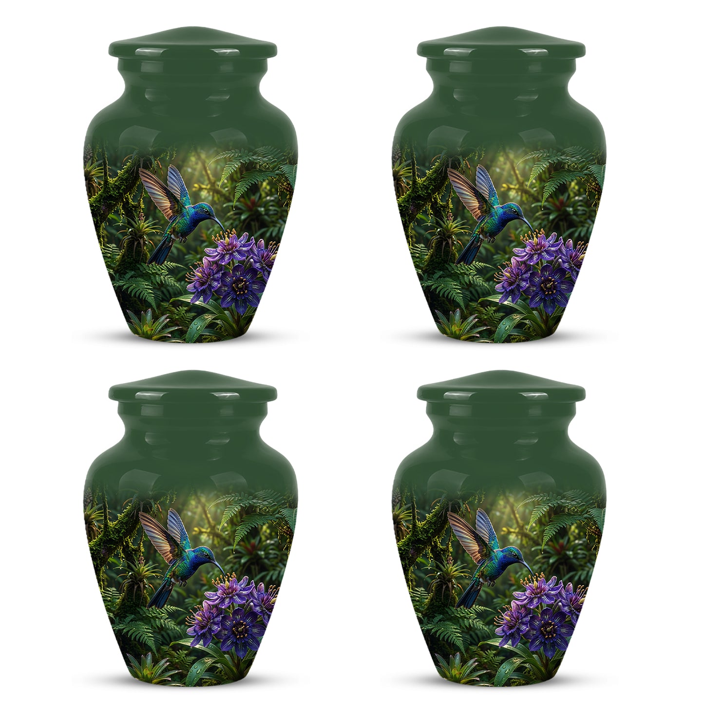 Flying Hummingbird Themed Urn - Beautiful Purple Flower Cremation Urns